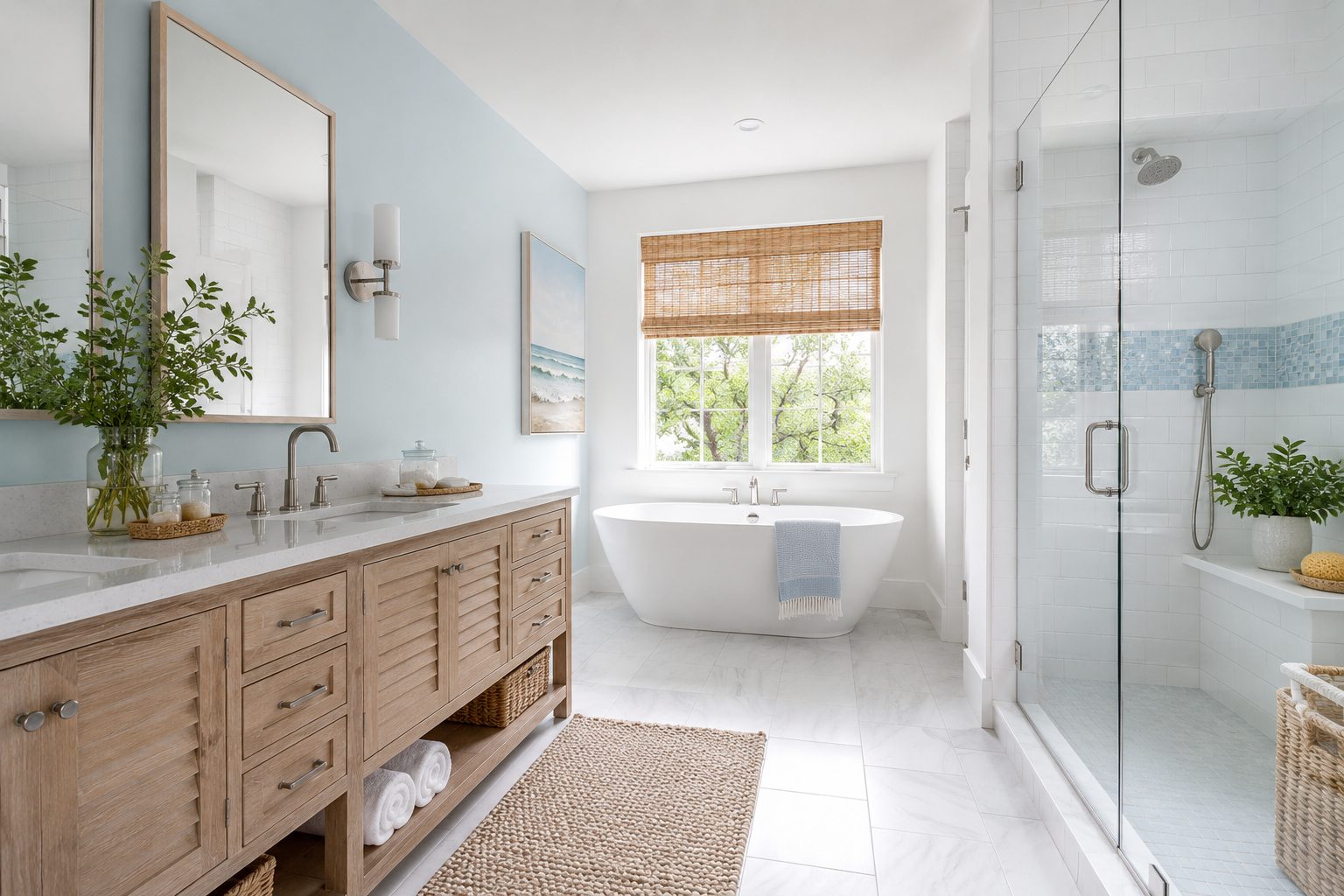 Coastal bathroom remodel with a white oak vanity, light blue accents, and a glass shower