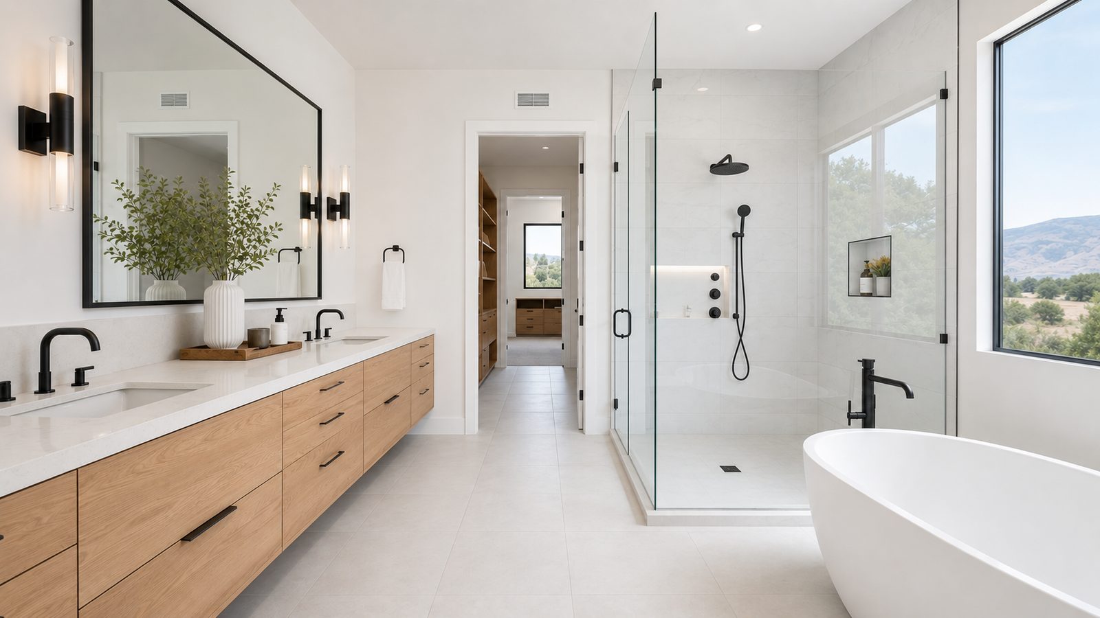 Modern primary bathroom remodel with a freestanding tub and walk-in shower in a Herriman home