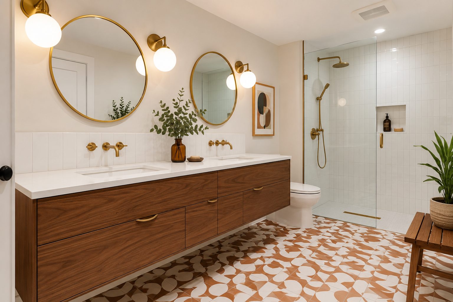 Mid-century modern bathroom remodel with a walnut vanity and geometric tile