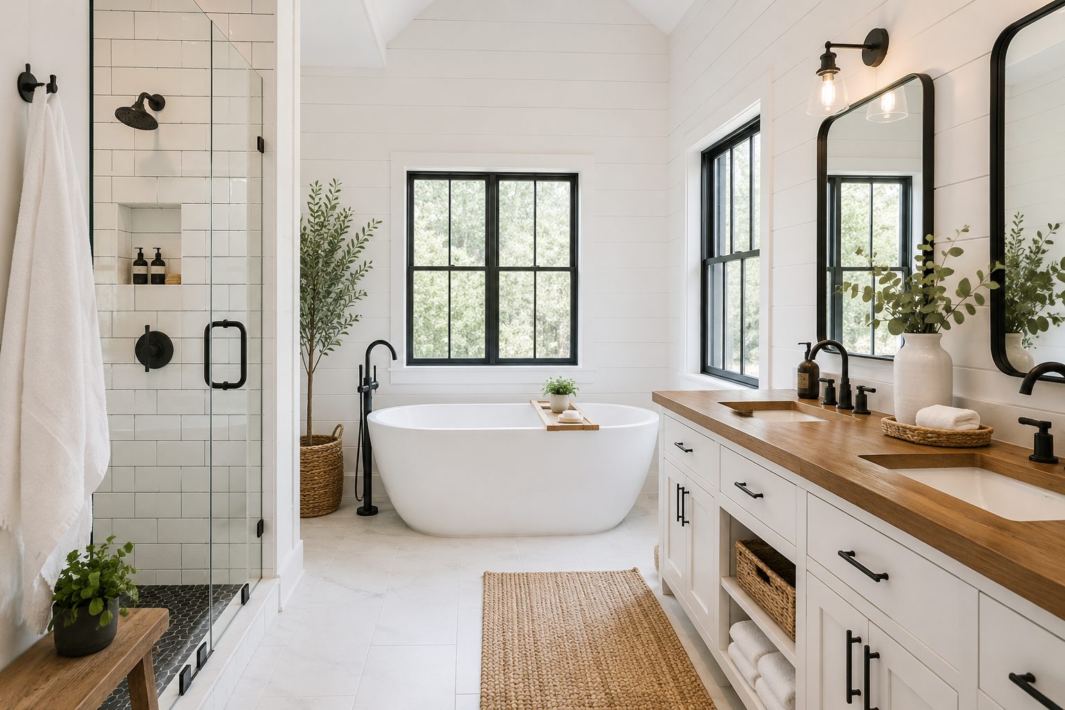 Modern farmhouse bathroom remodel with white shiplap, a freestanding tub, and black fixtures