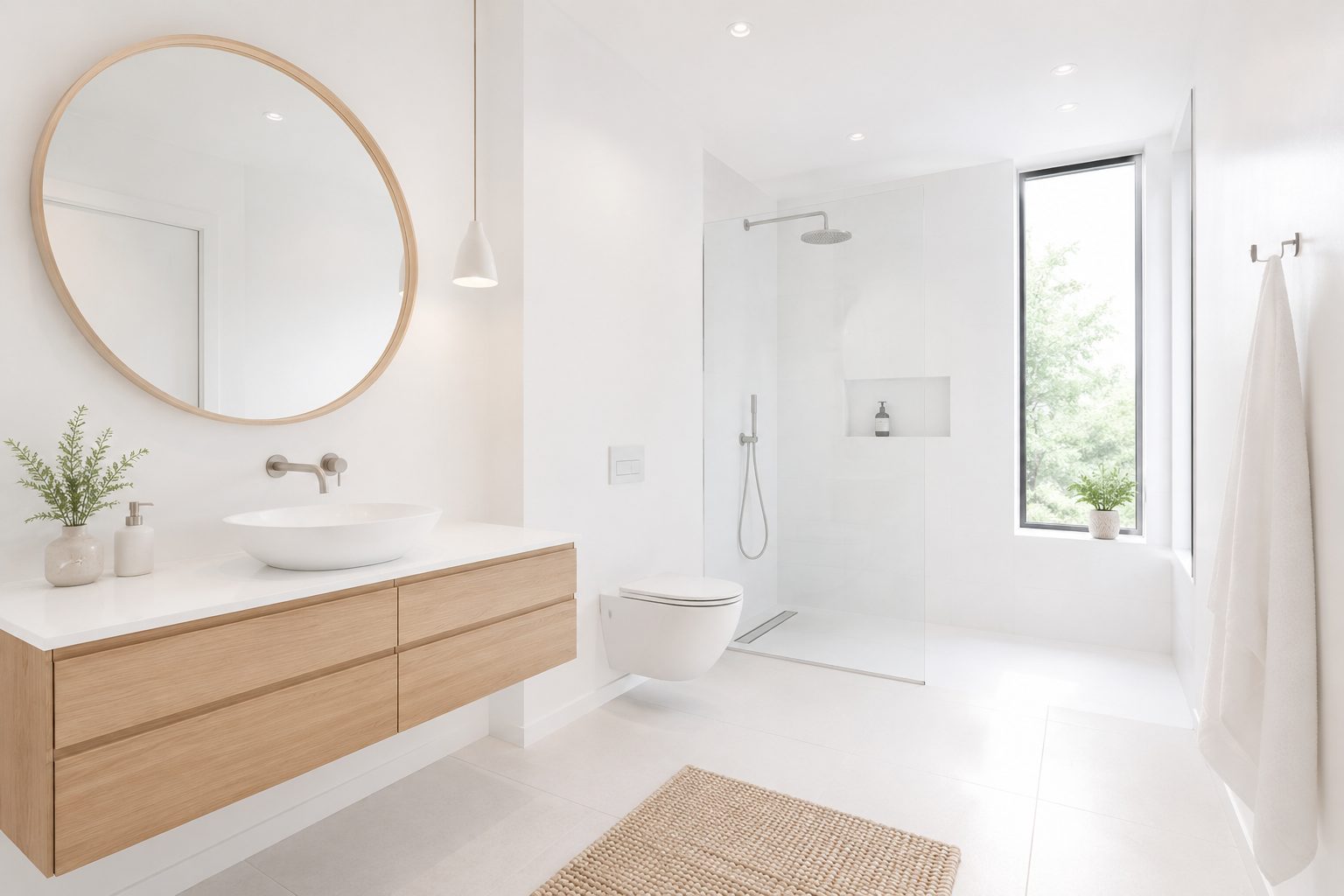 Minimalist Scandinavian bathroom remodel with a light oak vanity and white tile