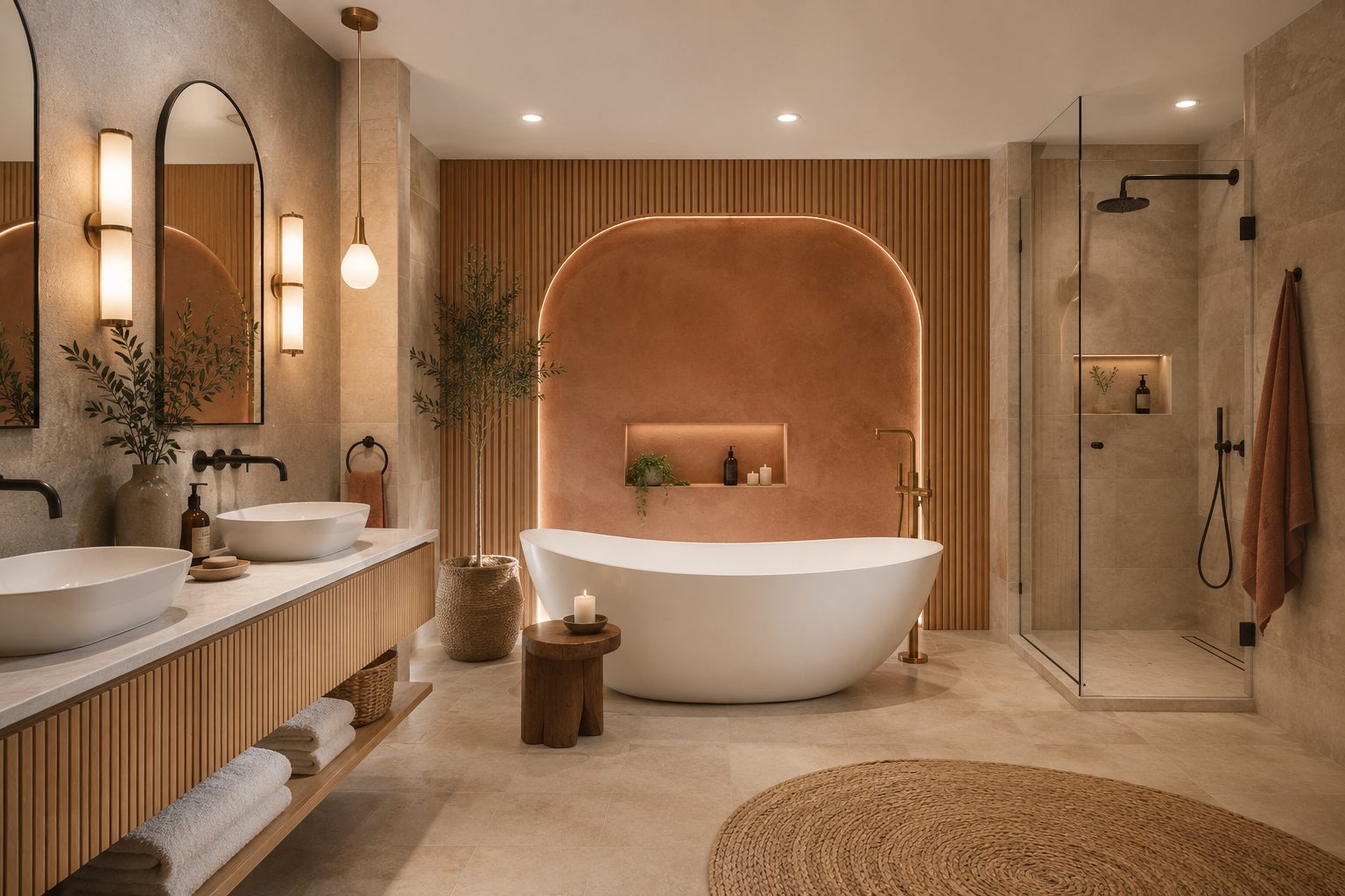 Spa bathroom remodel with a freestanding tub and a warm terracotta fluted feature wall