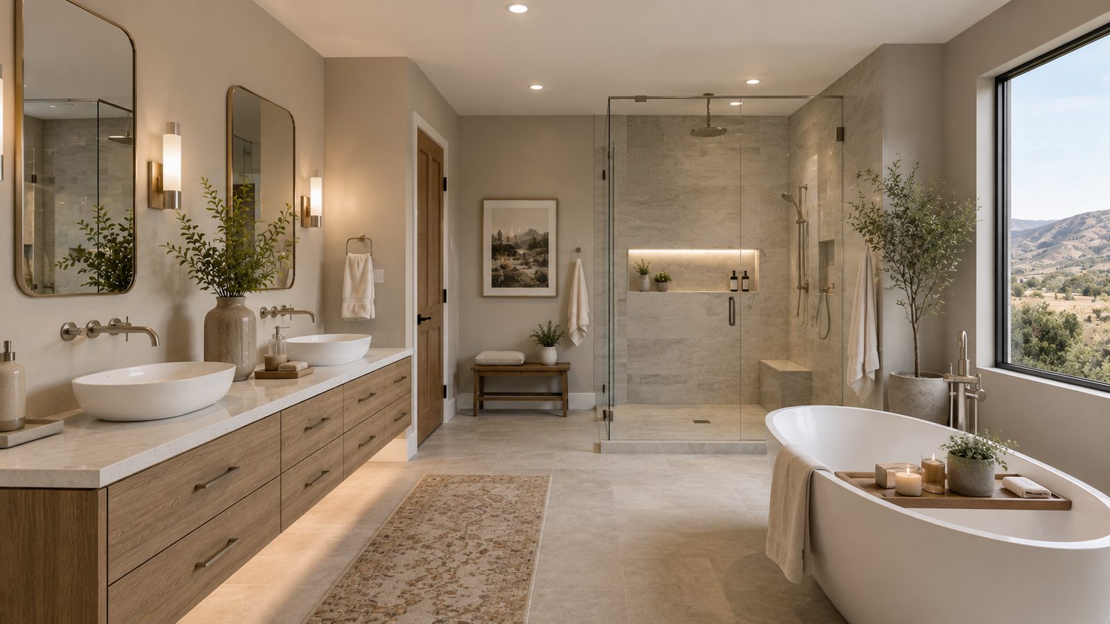 Spa-style master bathroom remodel with a freestanding soaking tub and stone-look tile