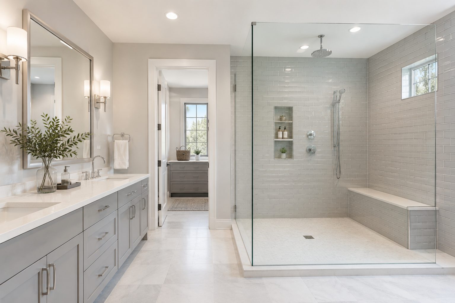 Tub-to-shower conversion with a walk-in shower and soft gray tile