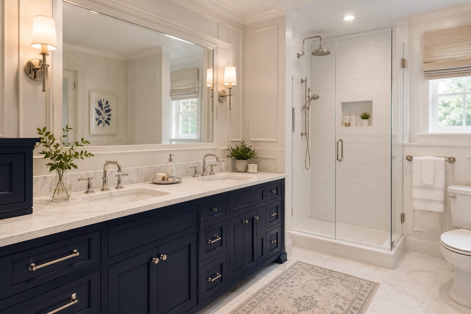 Transitional bathroom remodel with a navy vanity, white paneling, and marble-look counters
